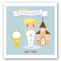 Autocollant de communion personnalisé pour garçon avec un fond bleu clair