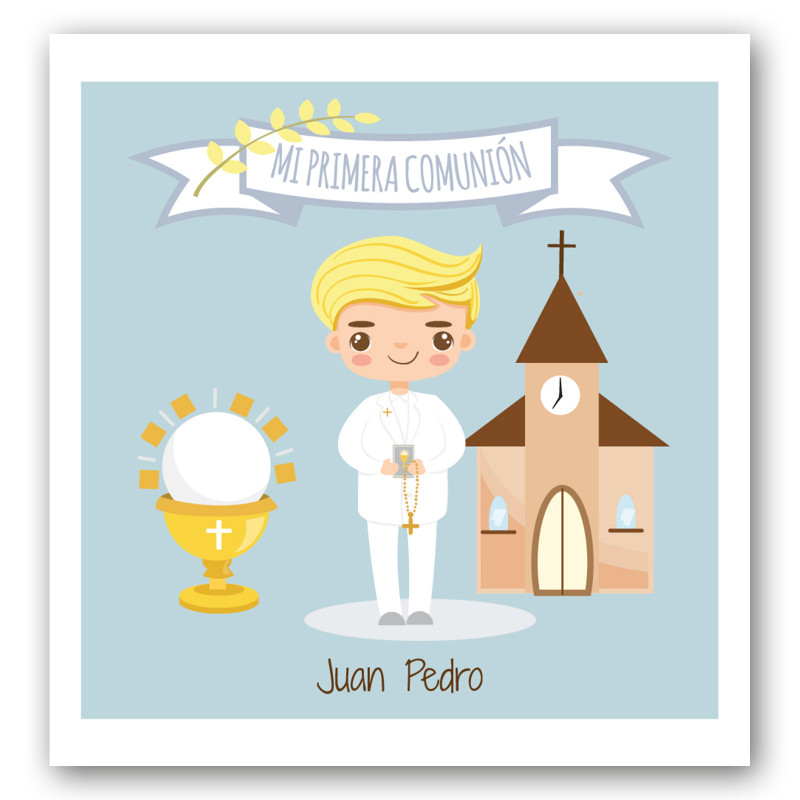 Autocollant de communion personnalisé pour garçon avec un fond bleu clair
