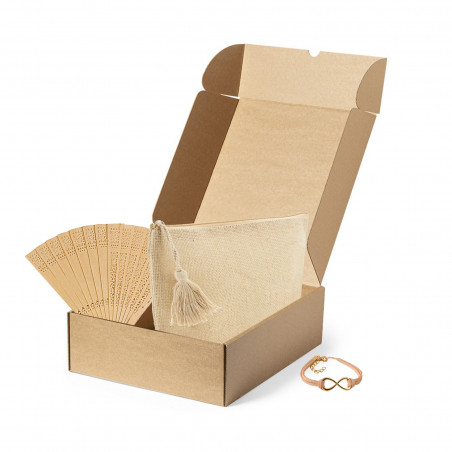 Trousse de maquillage avec bracelet et éventail dans une boîte avec un autocollant personnalisé pour la fête des mères