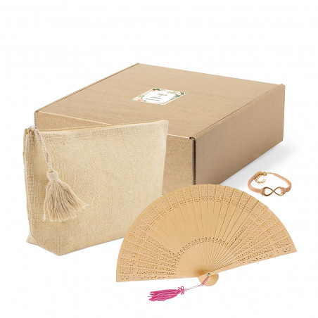 Trousse de maquillage avec bracelet et éventail dans une boîte avec un autocollant personnalisé pour la fête des mères