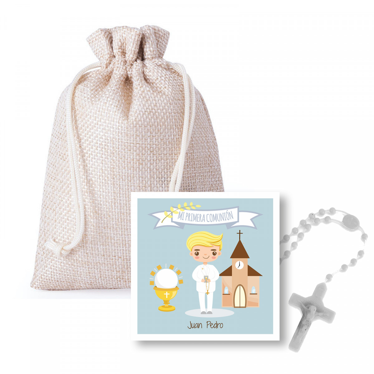 Chapelet dans un sac en tissu avec une carte personnalisable pour les enfants