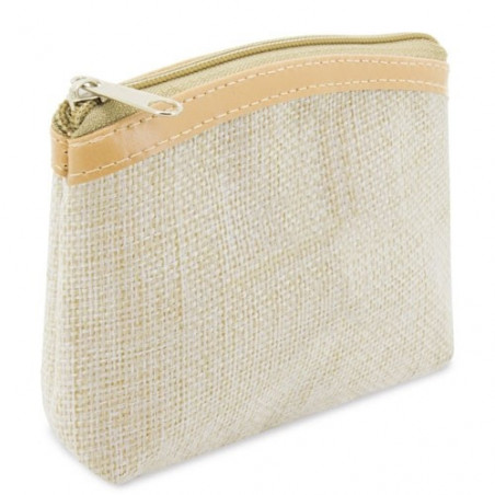 Porte-monnaie et bracelet présentés dans un sac en tissu avec adhésif personnalisé