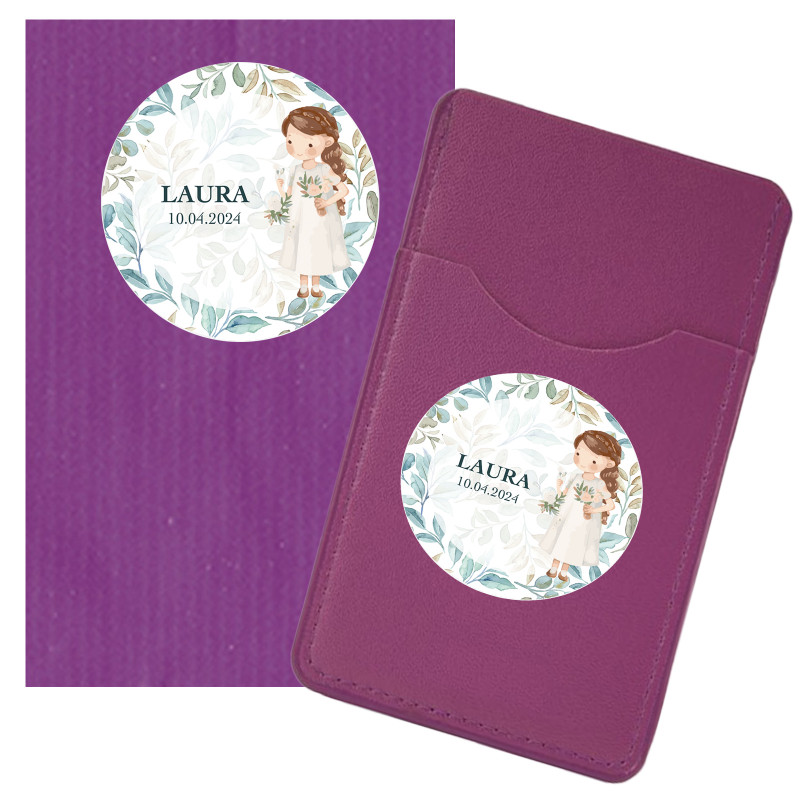 Porte-cartes portefeuille lilas dans une enveloppe pour la communion d'une fille avec des autocollants personnalisés