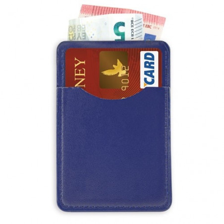 Porte-cartes portefeuille bleu présenté dans une enveloppe et personnalisé avec des autocollants de communion pour garçon