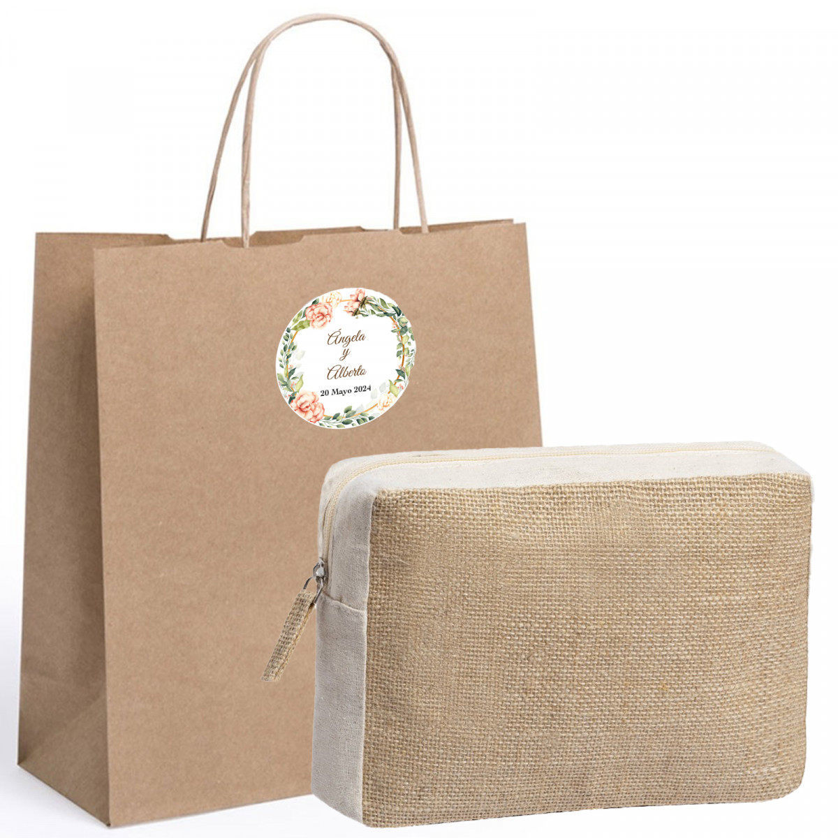 Nécessaire en jute dans un sac en kraft avec adhésif personnalisé