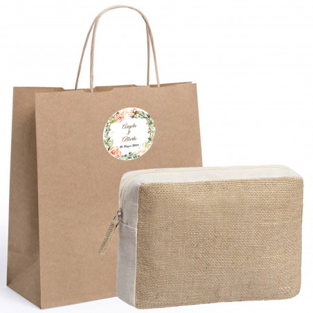 Nécessaire en jute dans un sac en kraft avec adhésif personnalisé