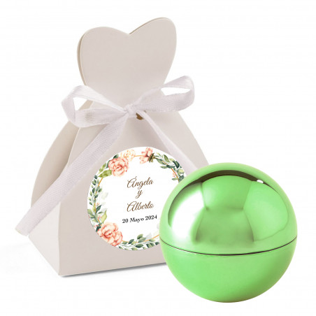 Baume à lèvres en forme de sphère avec boîte personnalisée et autocollant