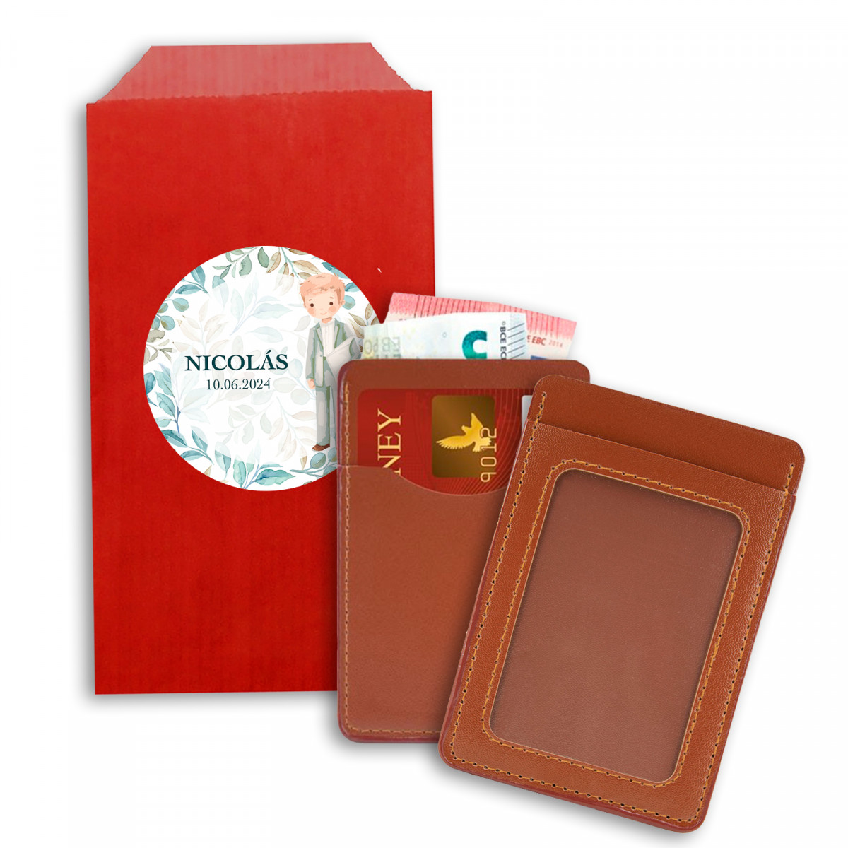 Porte-cartes en sac kraft avec autocollant de communion personnalisé enfant