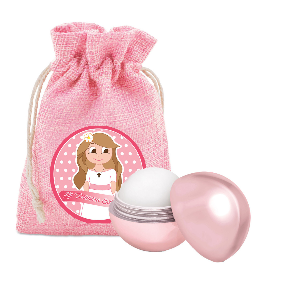 Brillant à lèvres avec protection solaire présenté dans un sachet rose avec autocollant de communion