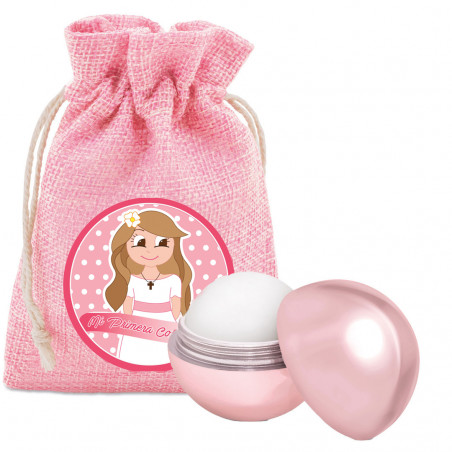 Brillant à lèvres avec protection solaire présenté dans un sachet rose avec autocollant de communion