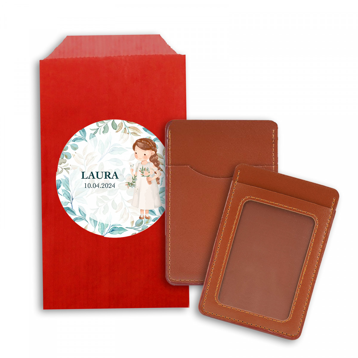 Porte-cartes marron dans un sac kraft avec autocollant communion fille personnalisé