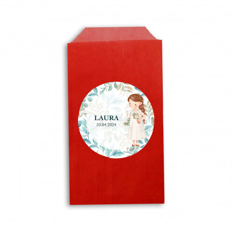 Porte-cartes marron dans un sac kraft avec autocollant communion fille personnalisé