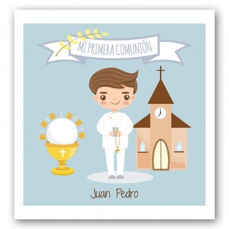 Figurine enfant pince de communion avec chapelet et carte personnalisable dans pochette cadeau