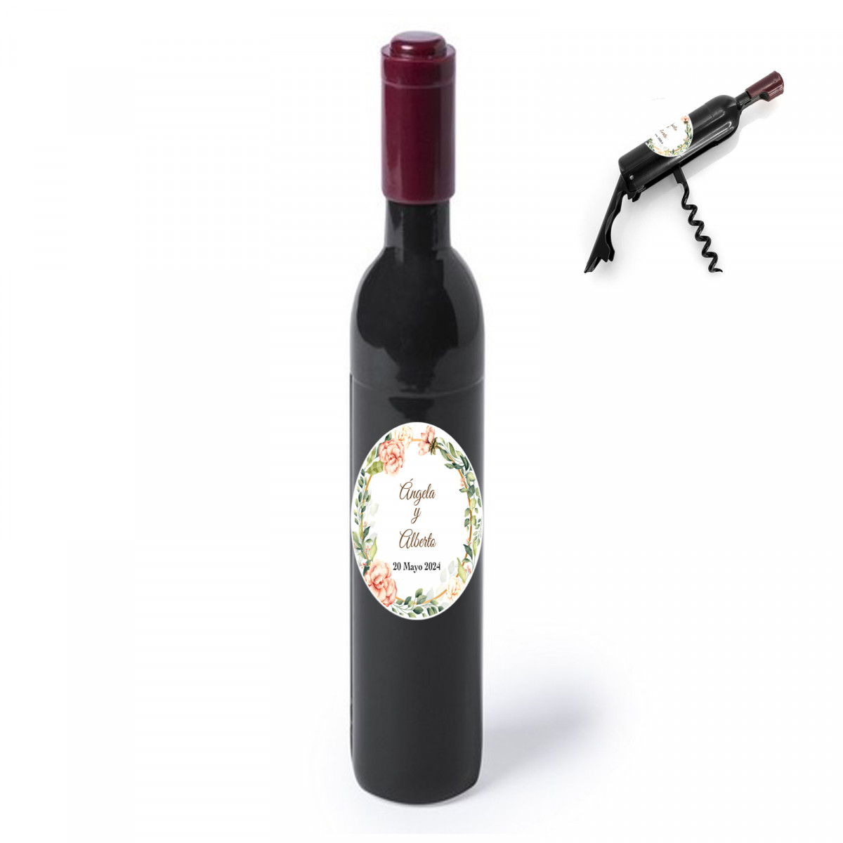 Tire-bouchon en forme de bouteille avec autocollant floral personnalisé