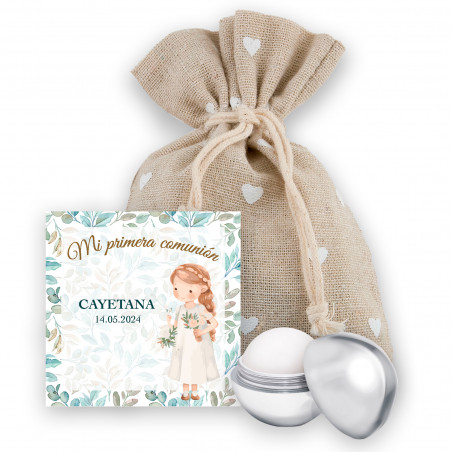 Baume à lèvres avec ma première carte de communion pour fille dans un sac en tissu