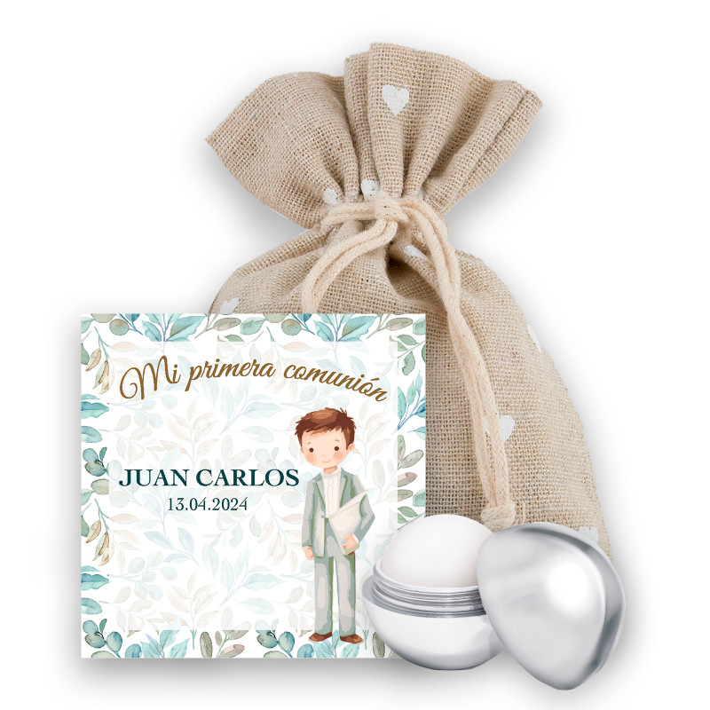 Baume à lèvres avec carte personnalisée ma première communion garçon dans un sac en tissu Baume à lèvres avec carte personnalisée ma première communion garçon dans un sac en tissu