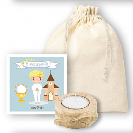 Bougie avec carte de communion enfant dans un sachet rustique