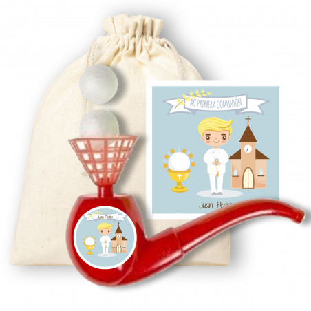 Jouet amusant avec autocollant dans un sac avec une carte de communion personnalisée pour un garçon