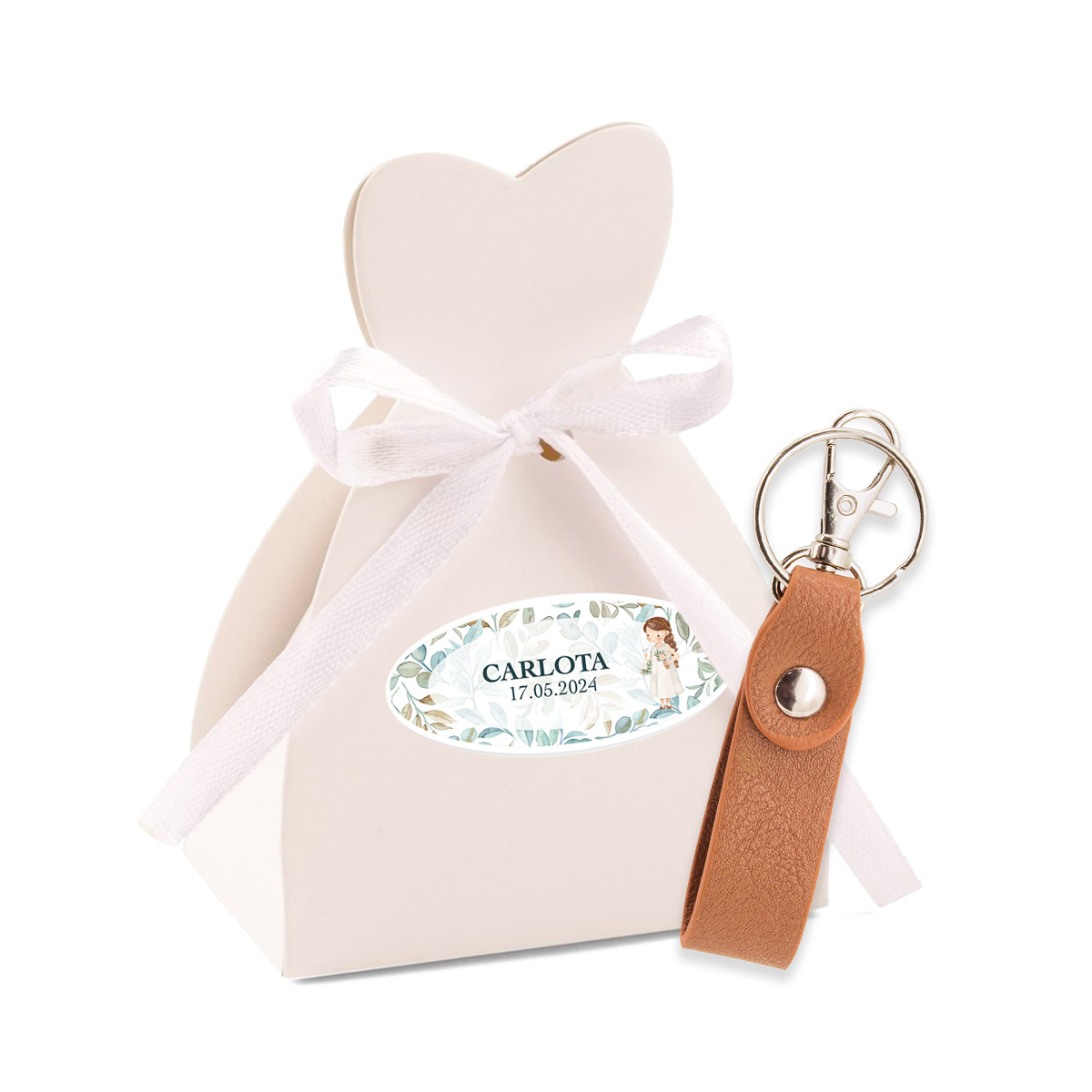 Porte-clés en boîte avec autocollant personnalisé pour les détails de la communion fille