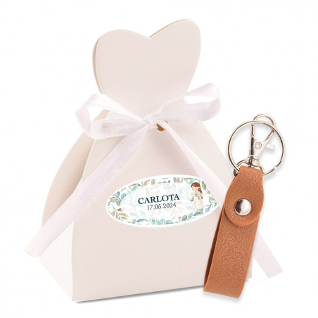 Porte-clés en boîte avec autocollant personnalisé pour les détails de la communion fille