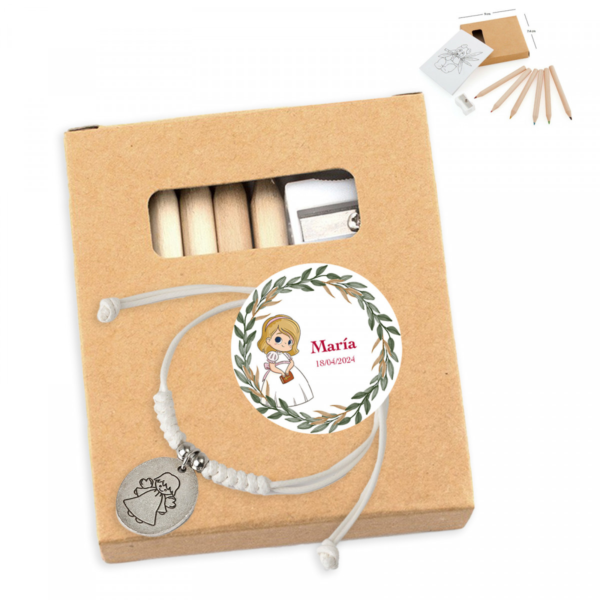 Boîte de crayons de couleur personnalisée et bracelet de communion pour fille