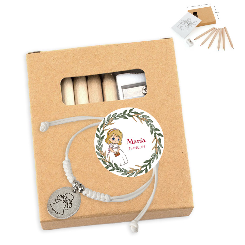 Boîte de crayons de couleur personnalisée et bracelet de communion pour fille