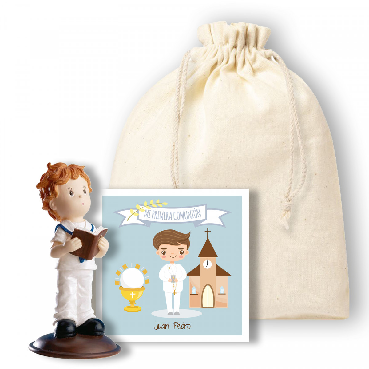 Figurine enfant communion dans un sac cadeau avec carte personnalisable