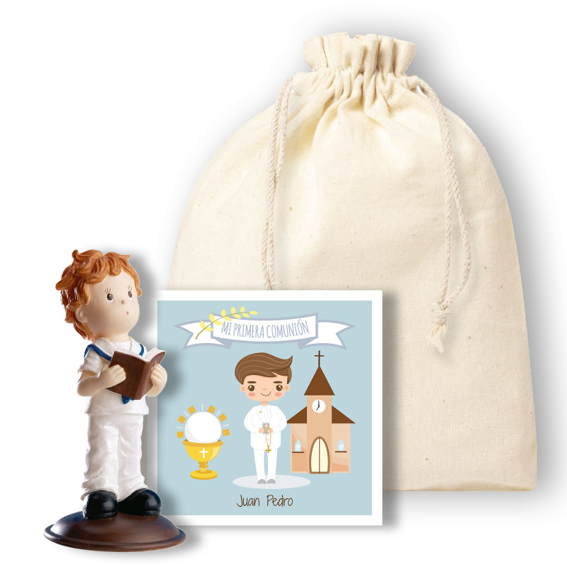 Figurine enfant communion dans un sac cadeau avec carte personnalisable