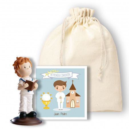 Figurine enfant communion dans un sac cadeau avec carte personnalisable