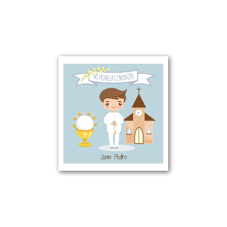 Figurine enfant communion dans un sac cadeau avec carte personnalisable
