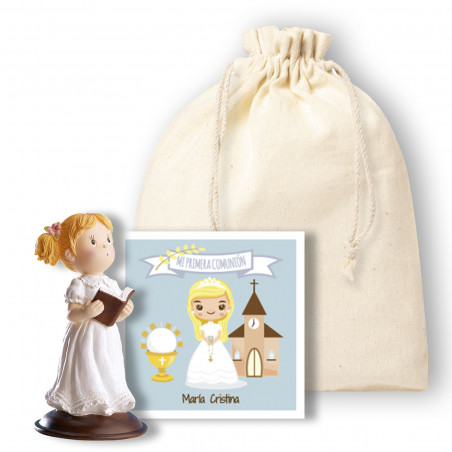 Figurine de communion fille dans un sac en tissu avec carte personnalisable