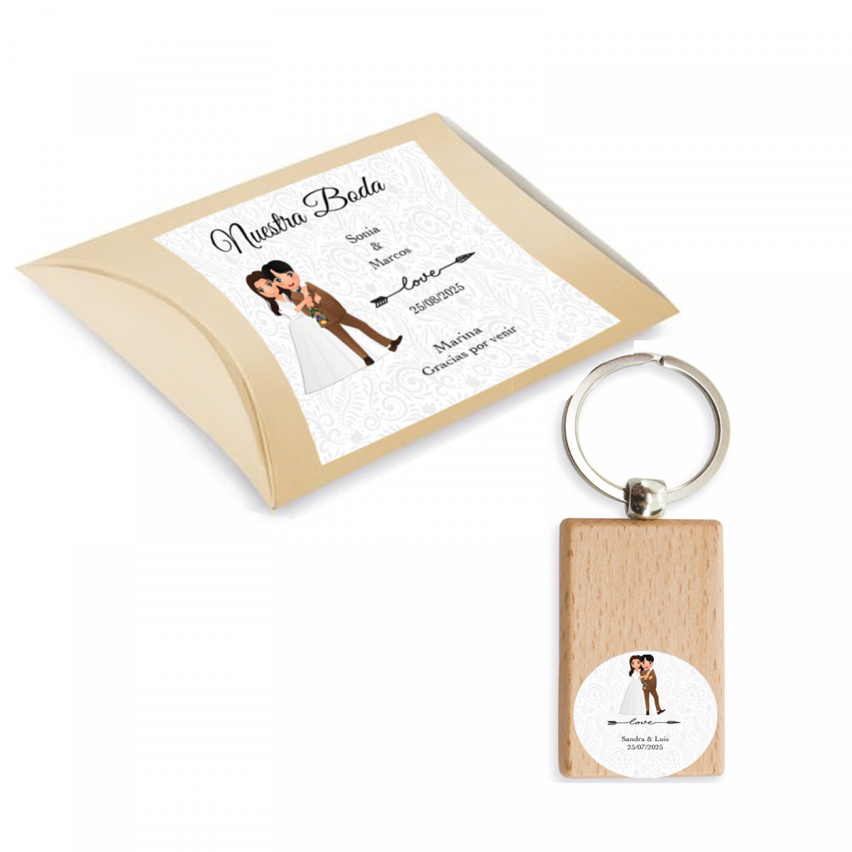 Porte-clés en bois personnalisé avec adhésif et boîte pour mariage