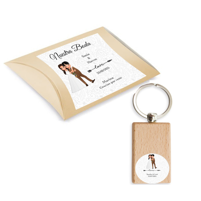 Porte-clés en bois personnalisé avec adhésif et boîte pour mariage