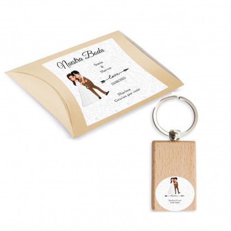 Porte clés en bois personnalisé avec autocollant et boîte pour mariage