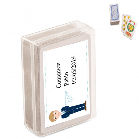Mini jeu de cartes espagnol personnalisé avec un autocollant de communion pour garçon