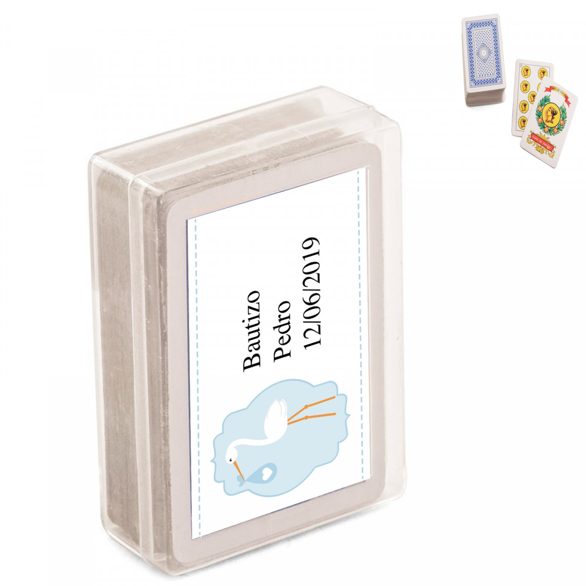 Mini jeu de cartes espagnol avec un autocollant de baptême de garçon