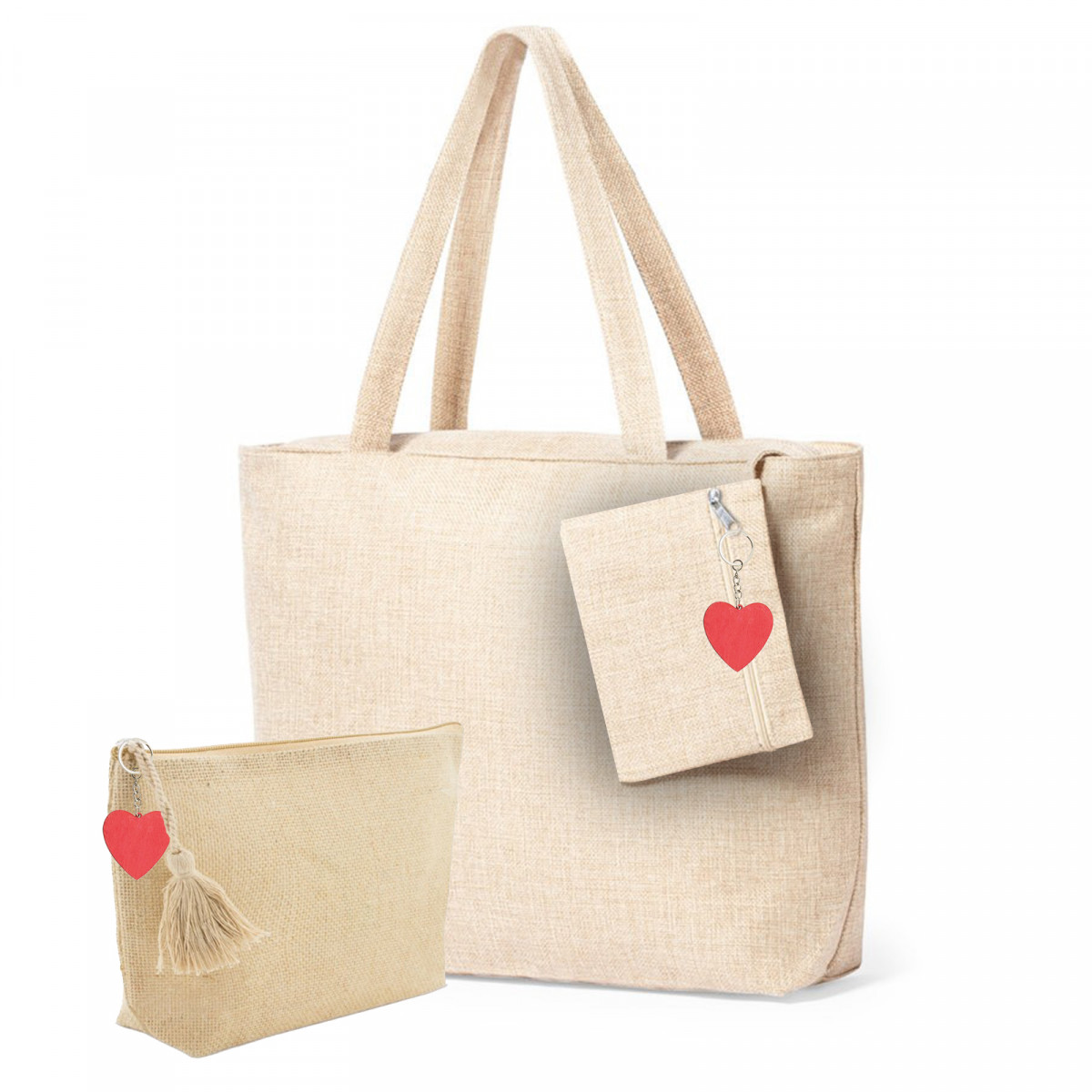 Sac et trousse avec porte-clés en forme de cœur