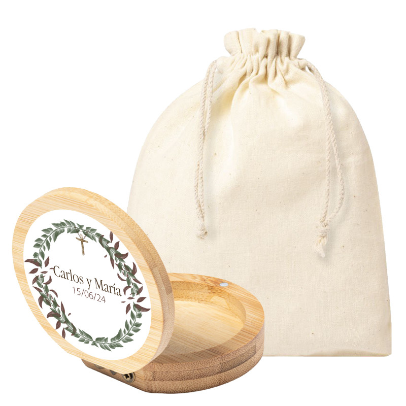 Miroir avec adhésif personnalisable dans un petit sac en tissu