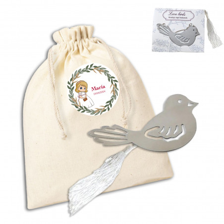 Point de page en forme d oiseau présenté dans un sachet blanc personnalisé pour la communion