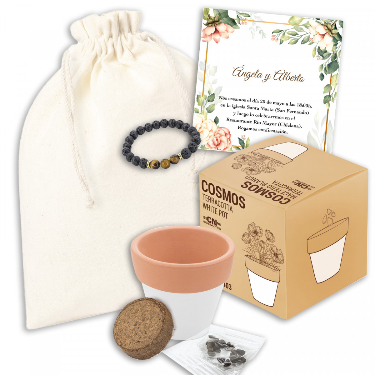 Pot en terre cuite avec des graines et bracelet en pierre volcanique comme cadeau
