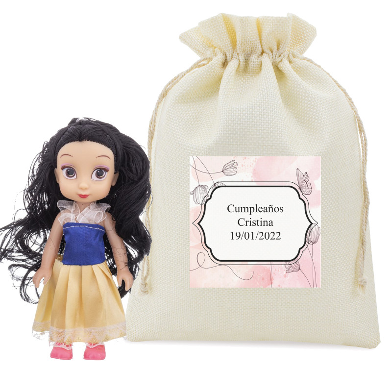 Poupée princesse dans un sac en tissu avec un autocollant personnalisé