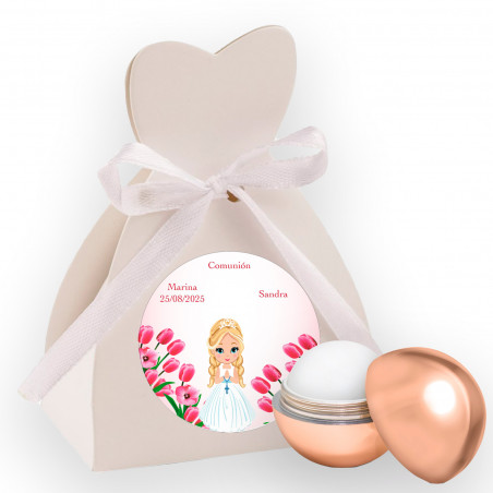 Sphère de cacao en boîte avec autocollant personnalisé pour les détails de la communion des filles