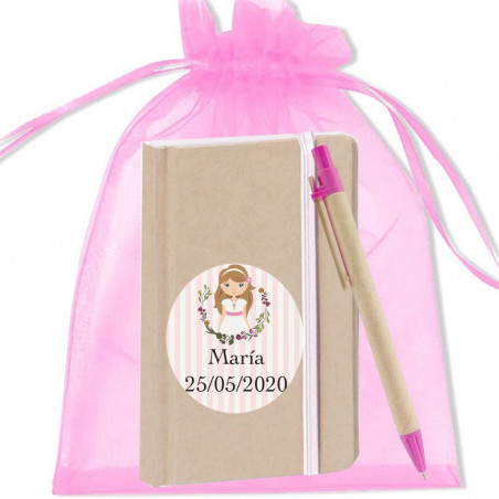 Carnet et stylo personnalisés avec détails de communion pour une fille