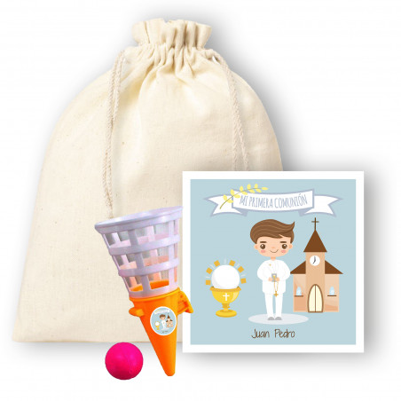 Jouet balle avec carte de communion garçon personnalisable dans un sac