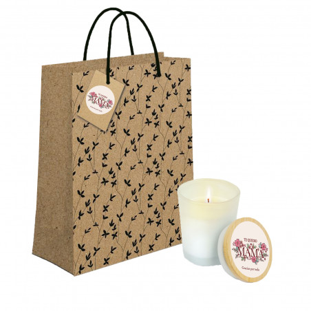 Bougie parfumée avec autocollant Fête des Mères dans un sac cadeau