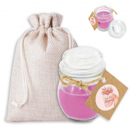 Bougie parfumée avec autocollant personnalisé et pochette en tissu pour la fête des mères