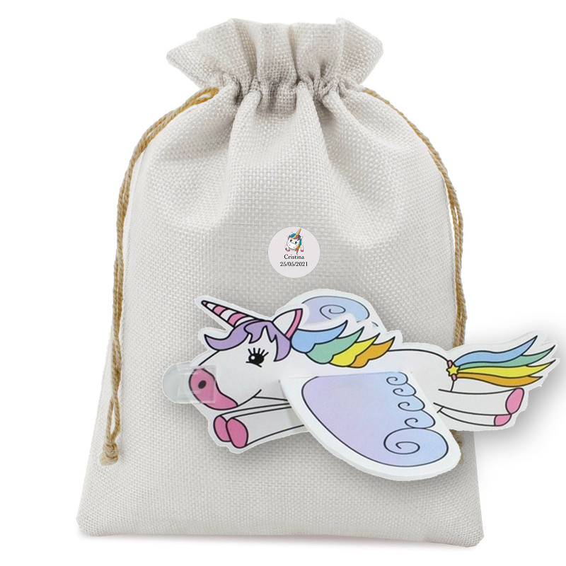 Avion en carton en forme de licorne dans un sac en tissu avec autocollant personnalisé