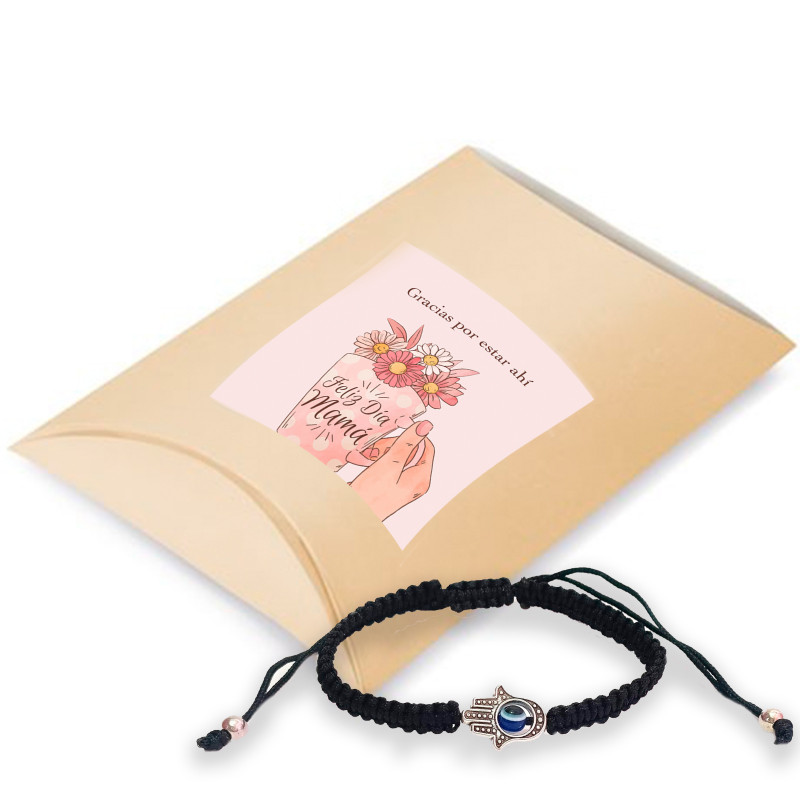 Bracelet Main de Fatima dans une boîte avec adhésif personnalisé pour les détails de la fête des mères