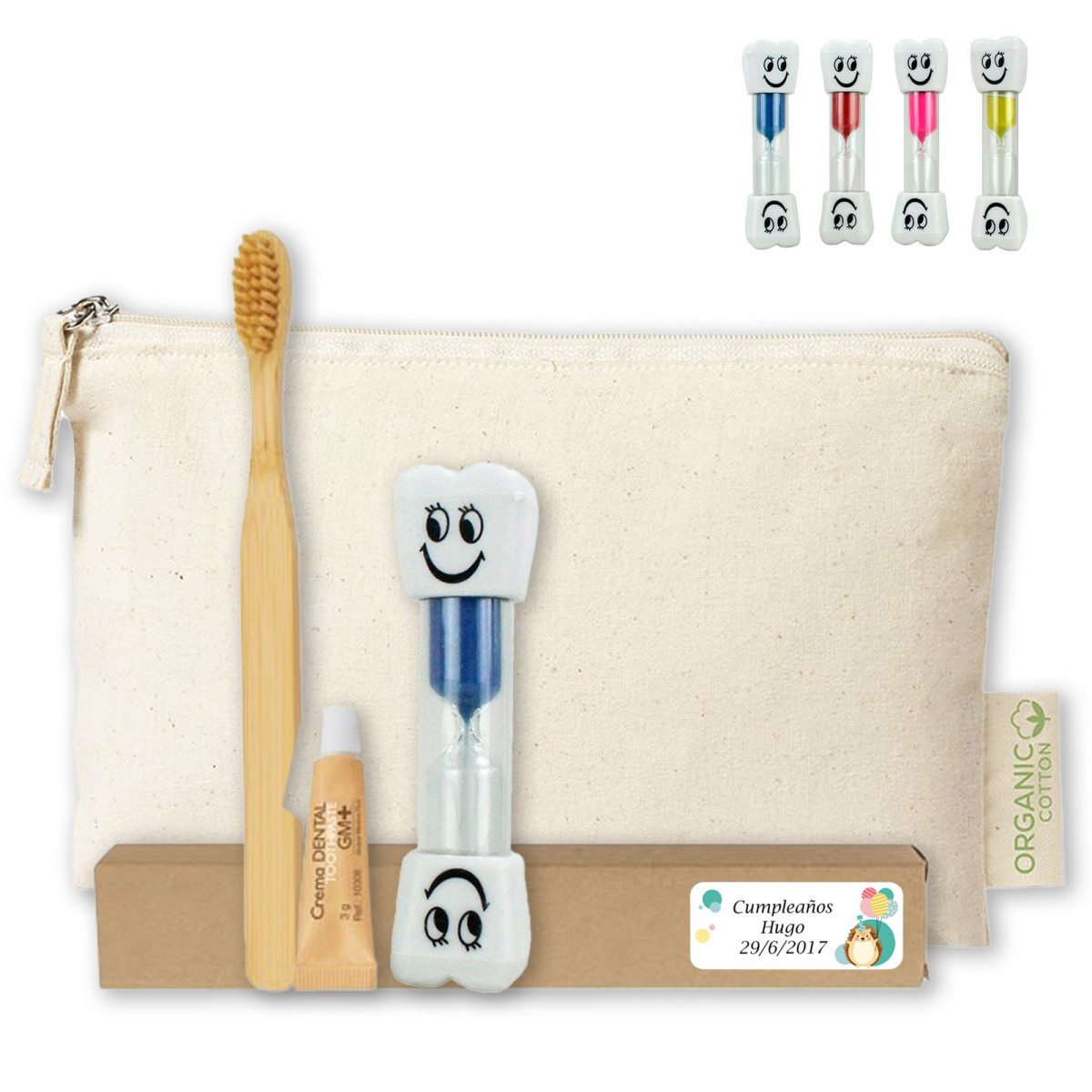 Brosse à dents en bambou avec dentifrice et sablier dans une pochette en coton