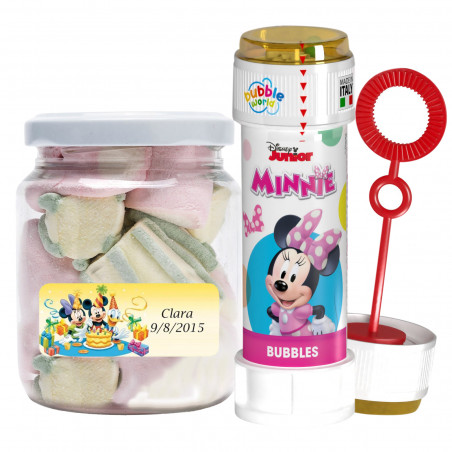 Pompe à bulles Minnie Mouse avec un pot de bonbons personnalisé pour un anniversaire